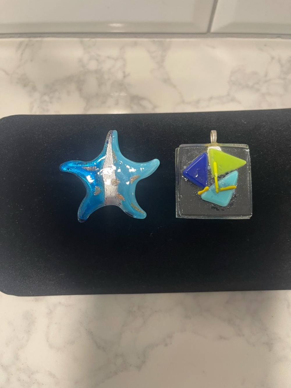 Kiln Fused Glass Nautical Jewelry Lot Starfish & Sailboat Pendants 2pc